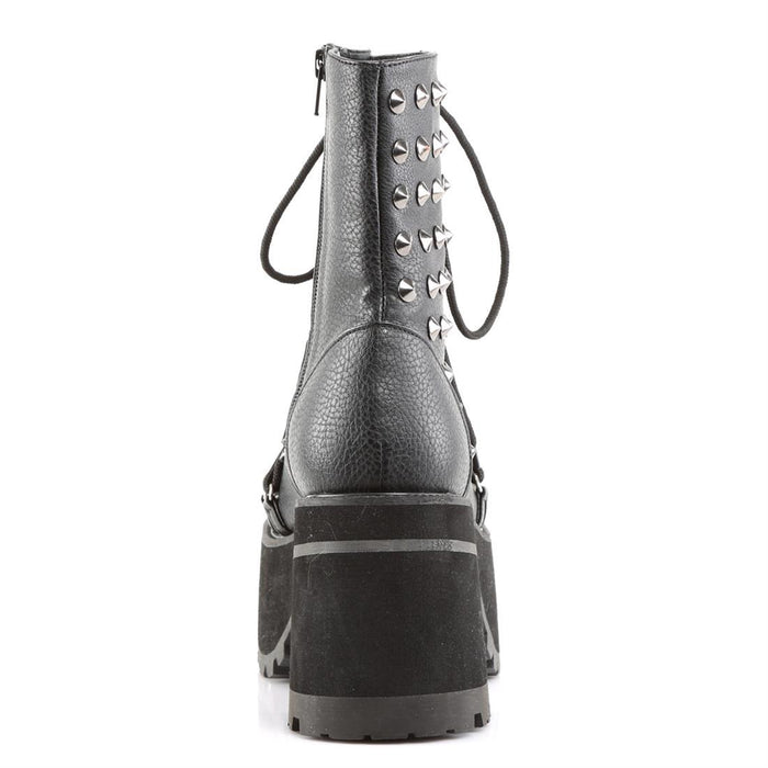 back view of Black vegan leather 3 3/4" heel, 2 1/4" platform lace-Up front ankle boot with criss-cross D-ring lace on vamp and spikes detail. Inside zip closure.