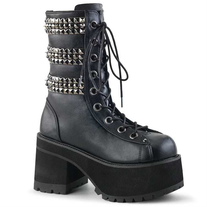 outer view of Black vegan leather 3 3/4" heel, 2 1/4" platform lace-up front ankle boot, with triple studded ornamental straps and pyramid stud & horseshoe rings at back.