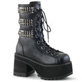 outer view of Black vegan leather 3 3/4" heel, 2 1/4" platform lace-up front ankle boot, with triple studded ornamental straps and pyramid stud & horseshoe rings at back.