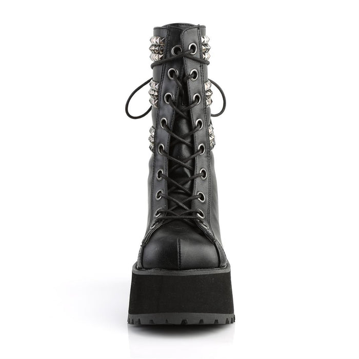 front view of Black vegan leather 3 3/4" heel, 2 1/4" platform lace-up front ankle boot, with triple studded ornamental straps and pyramid stud & horseshoe rings at back.