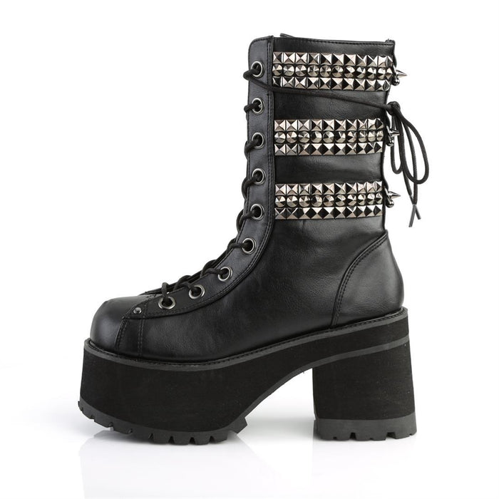 inner view of Black vegan leather 3 3/4" heel, 2 1/4" platform lace-up front ankle boot, with triple studded ornamental straps and pyramid stud & horseshoe rings at back.