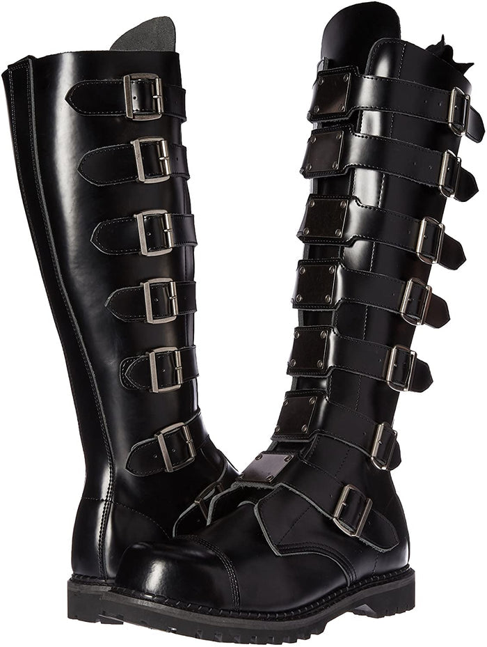 Real black leather 1 1/2'' heel, 30 eyelet, knee high boot with steel toe, 7 metal plate straps on front and full inner side zipper.