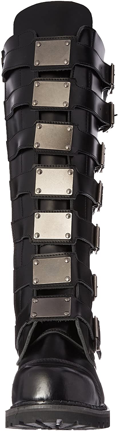 front view of Real black leather 1 1/2'' heel, 30 eyelet, knee high boot with steel toe, 7 metal plate straps on front and full inner side zipper.