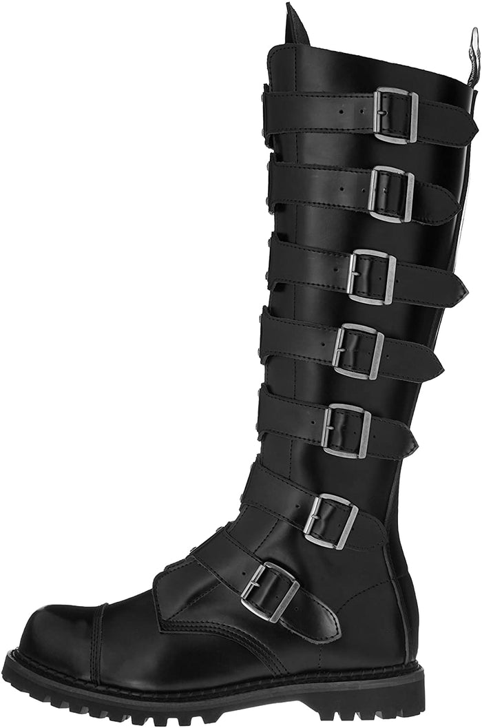 outer side view Real black leather 1 1/2'' heel, 30 eyelet, knee high boot with steel toe, 7 metal plate straps on front and full inner side zipper.