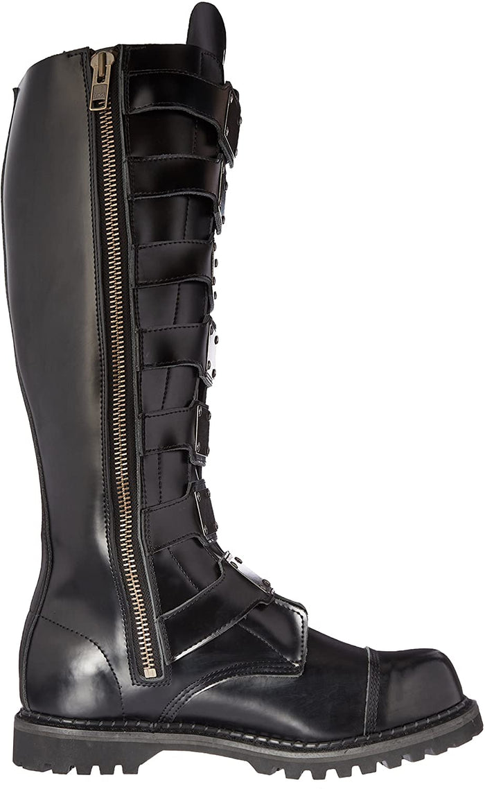 inner side view of Real black leather 1 1/2'' heel, 30 eyelet, knee high boot with steel toe, 7 metal plate straps on front and full inner side zipper.