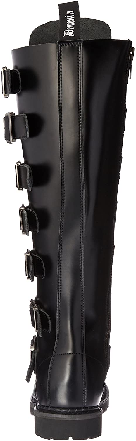 back side view of Real black leather 1 1/2'' heel, 30 eyelet, knee high boot with steel toe, 7 metal plate straps on front and full inner side zipper.