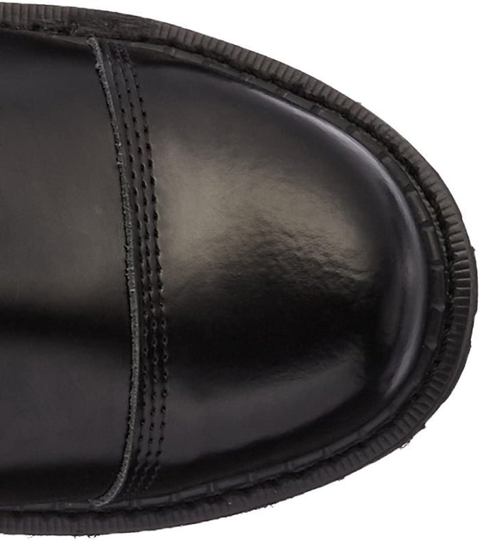 top view of Real black leather 1 1/2'' heel, 30 eyelet, knee high boot with steel toe, 7 metal plate straps on front and full inner side zipper.