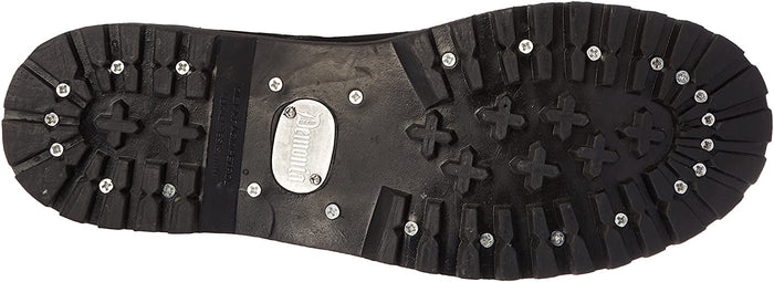 bottom sole view of Real black leather 1 1/2'' heel, 30 eyelet, knee high boot with steel toe, 7 metal plate straps on front and full inner side zipper.