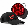 Black Hooga Red Light Therapy Hat shown from the front and underneath, with red LEDs illuminated inside the cap.
