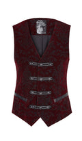 Red patterned vest with silver buttons on a white background