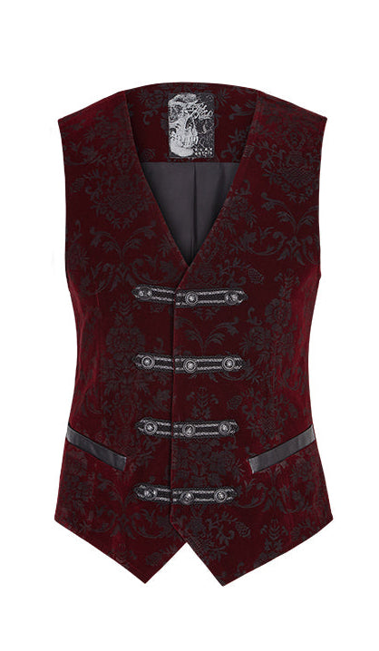 Red patterned vest with silver buttons on a white background