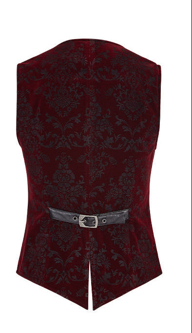 Red patterned vest with silver buttons on a white background