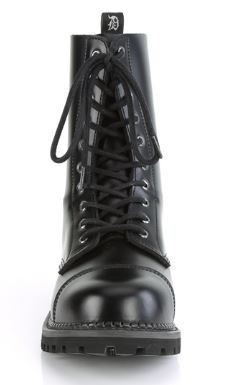 front side view of black real leather 10 eyelet steel toe boot