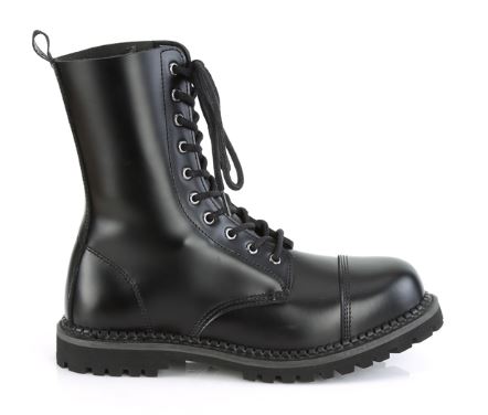 right side view of black real leather 10 eyelet steel toe boot