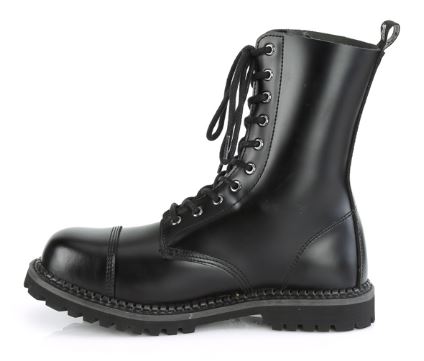 left side view of black real leather 10 eyelet steel toe boot