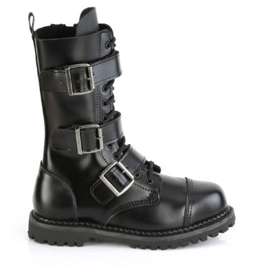 outer view of Real black leather, 12 Eyelet, steel toe lace-up triple buckle ankle boot with rubber sole and full length inside zip closure.