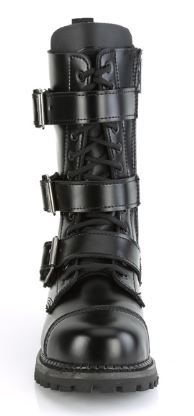 front view of Real black leather, 12 Eyelet, steel toe lace-up triple buckle ankle boot with rubber sole and full length inside zip closure.