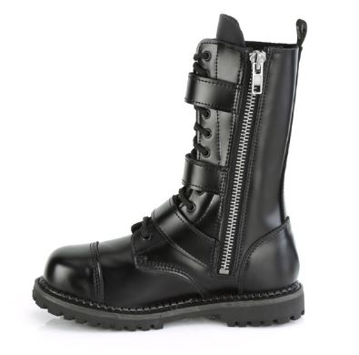 inner view of Real black leather, 12 Eyelet, steel toe lace-up triple buckle ankle boot with rubber sole and full length inside zip closure.
