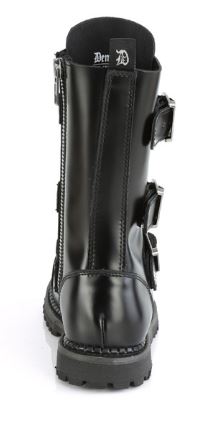 back side view of Real black leather, 12 Eyelet, steel toe lace-up triple buckle ankle boot with rubber sole and full length inside zip closure.