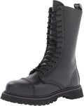 outer view of Real black leather, 1 1/4" platform, 14 eyelet mid-calf combat with steel toe. Full lace-up, no zipper.