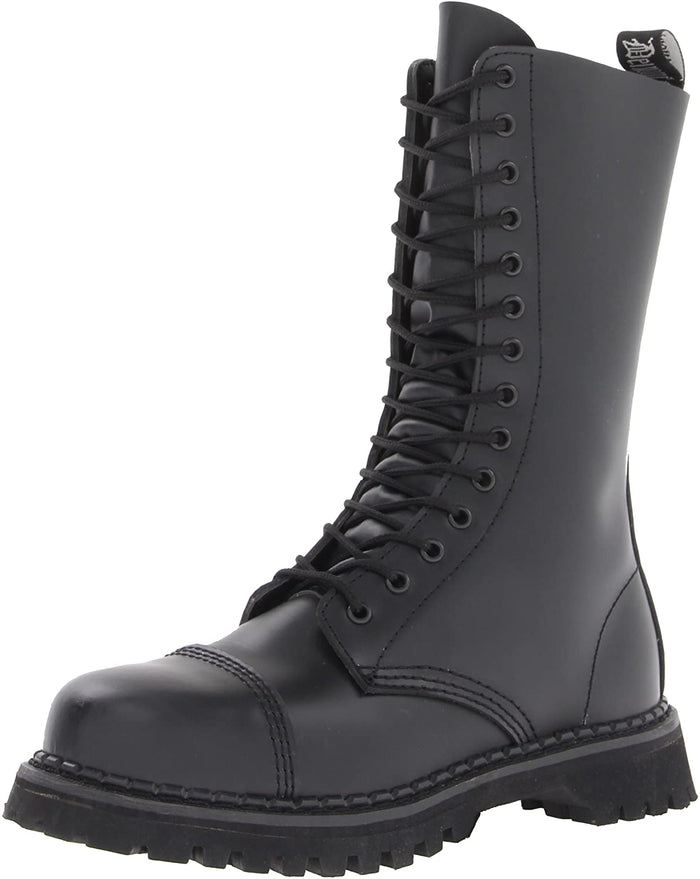 outer view of Real black leather, 1 1/4" platform, 14 eyelet mid-calf combat with steel toe. Full lace-up, no zipper.