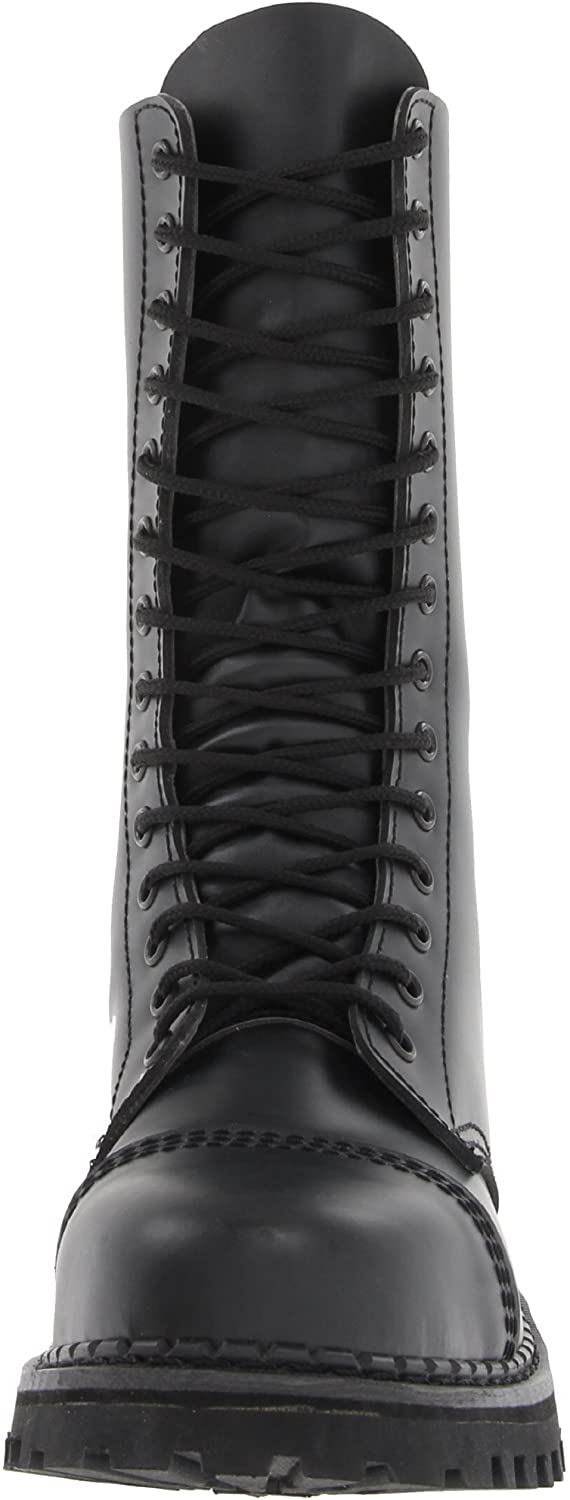 front view of Real black leather, 1 1/4" platform, 14 eyelet mid-calf combat with steel toe. Full lace-up, no zipper.