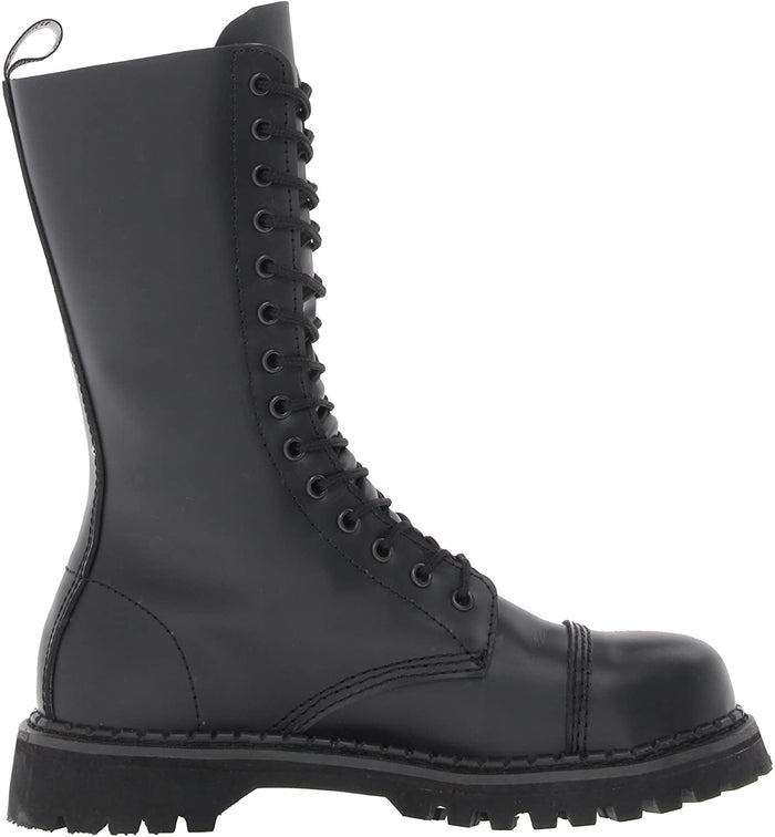 inner view of Real black leather, 1 1/4" platform, 14 eyelet mid-calf combat with steel toe. Full lace-up, no zipper.