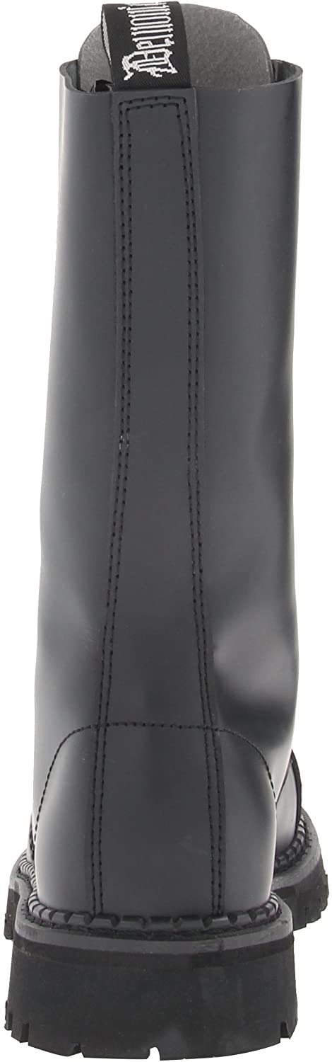 back view of Real black leather, 1 1/4" platform, 14 eyelet mid-calf combat with steel toe. Full lace-up, no zipper.