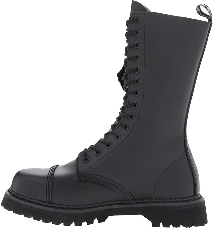 outer view of Real black leather, 1 1/4" platform, 14 eyelet mid-calf combat with steel toe. Full lace-up, no zipper.