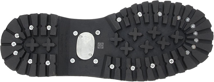 underneath sole view of Real black leather, 1 1/4" platform, 14 eyelet mid-calf combat with steel toe. Full lace-up, no zipper.