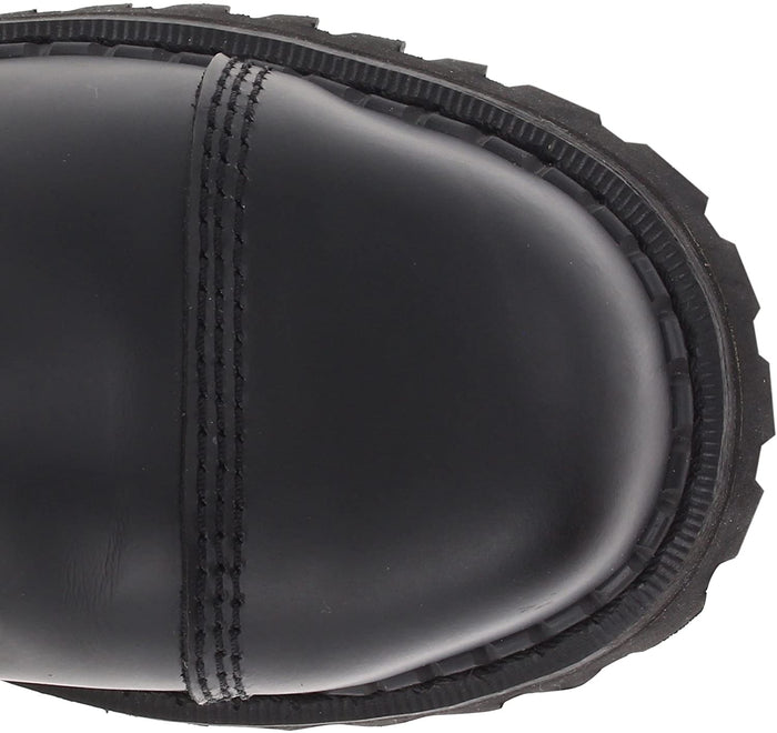 upper top view of Real black leather, 1 1/4" platform, 14 eyelet mid-calf combat with steel toe. Full lace-up, no zipper.