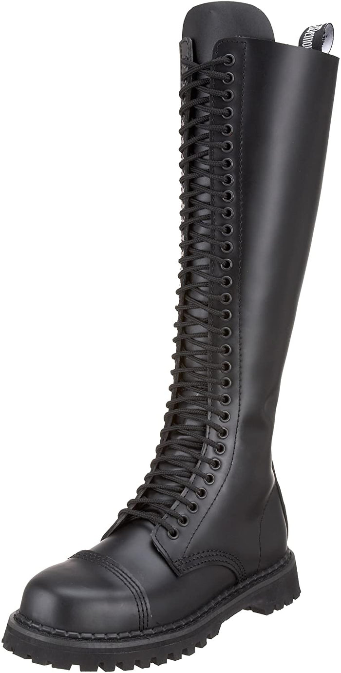 outer side view of Real black leather 1 1/4" platform  20 eyelet combat biker goth steel toe Knee-high boot Full lace-up, no Zipper