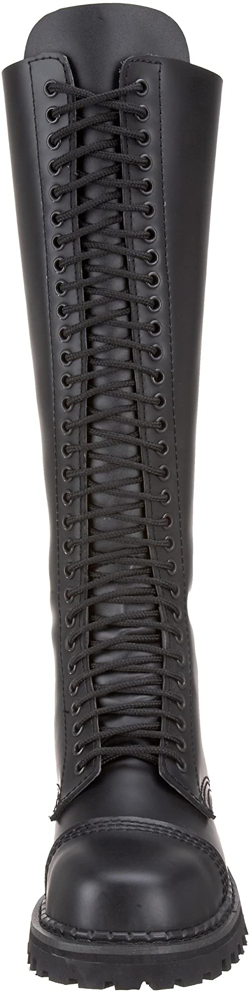 front view of Real black leather 1 1/4" platform  20 eyelet combat biker goth steel toe Knee-high boot Full lace-up, no Zipper
