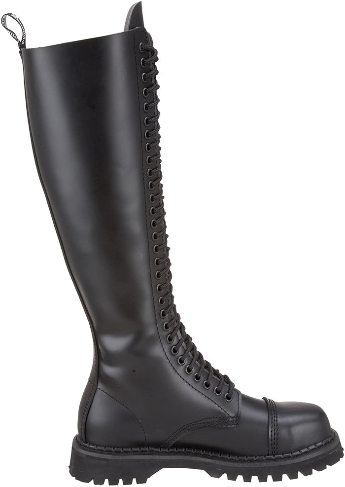 inner side view of Real black leather 1 1/4" platform  20 eyelet combat biker goth steel toe Knee-high boot Full lace-up, no Zipper