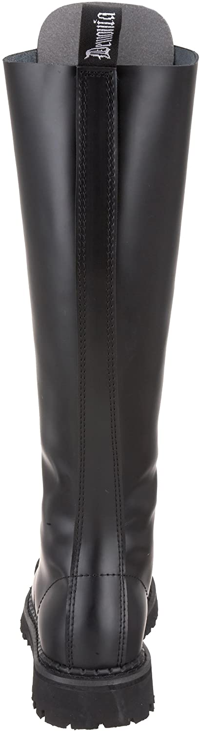 back view of Real black leather 1 1/4" platform  20 eyelet combat biker goth steel toe Knee-high boot Full lace-up, no Zipper