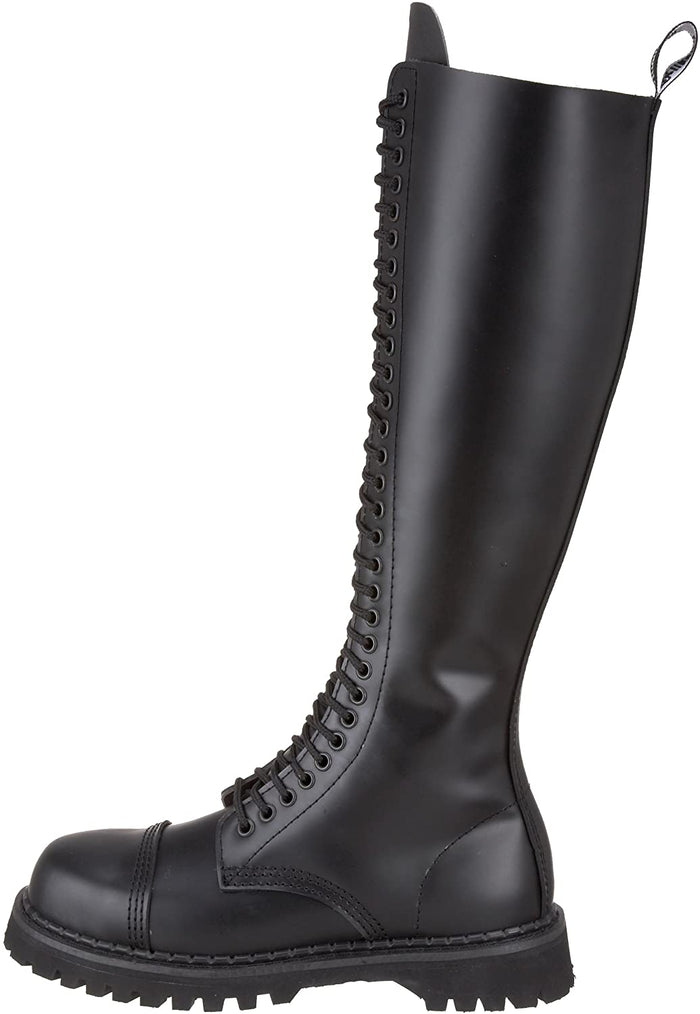 outer side view of Real black leather 1 1/4" platform  20 eyelet combat biker goth steel toe Knee-high boot Full lace-up, no Zipper