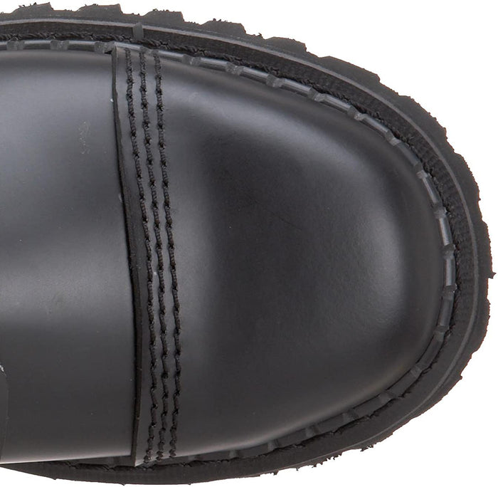 top view of Real black leather 1 1/4" platform  20 eyelet combat biker goth steel toe Knee-high boot Full lace-up, no Zipper