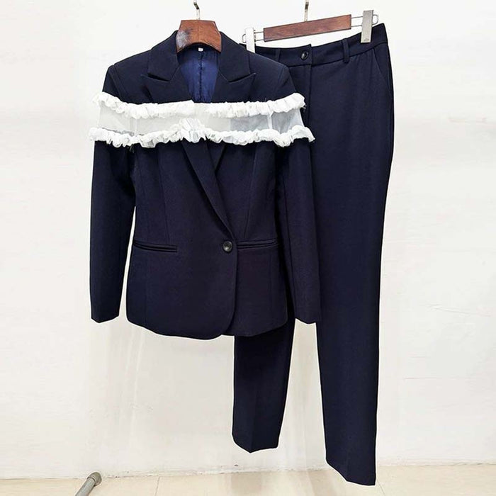 Ruffle inset single-breasted blazer in navy for women
