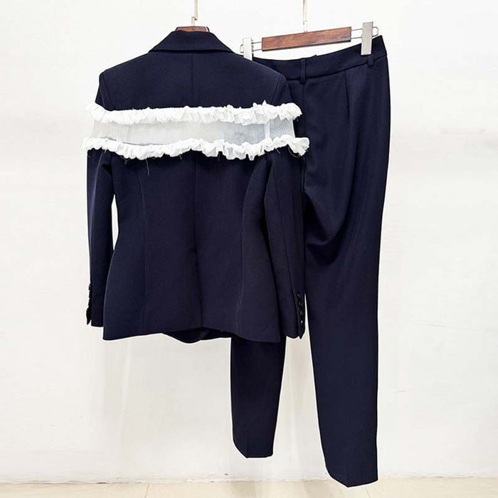 Ruffle inset single-breasted blazer in navy for women