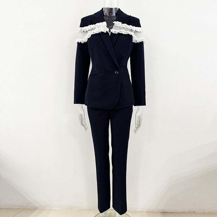 Ruffle inset single-breasted blazer in navy for women
