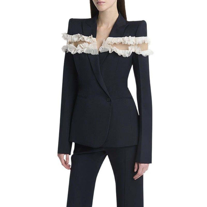Ruffle inset single-breasted blazer in navy for women