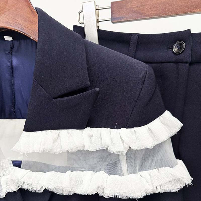 Ruffle inset single-breasted blazer in navy for women