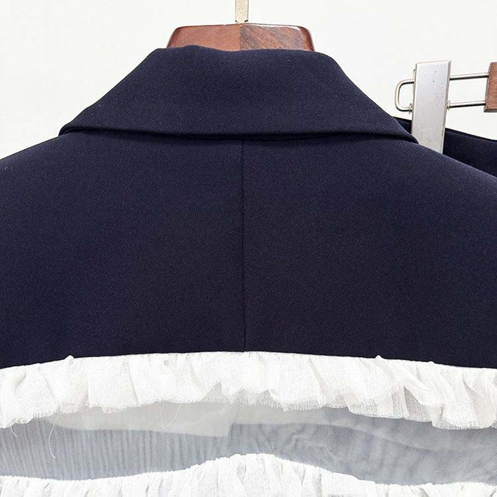 Ruffle inset single-breasted blazer in navy for women