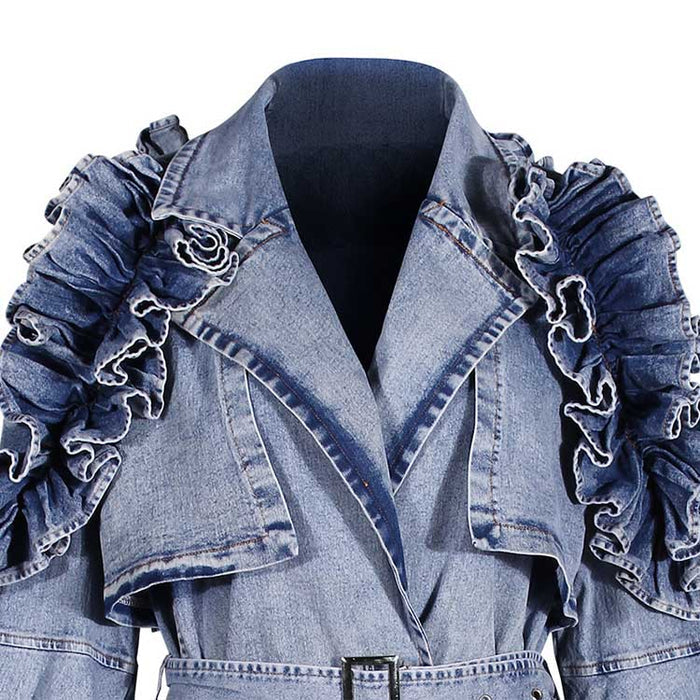 Ruffled Denim Jacket for Women – Women’s Fitted Waist Coat with Flounce Design