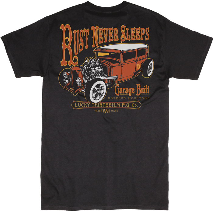 back of Black Lucky 13 t-shirt with a full back print of the "Rust Never Sleeps" rat rod design and a front left chest "Garage Built - Lucky Thirteen" pocket logo to match.