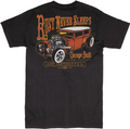 back of Black Lucky 13 t-shirt with a full back print of the "Rust Never Sleeps" rat rod design and a front left chest "Garage Built - Lucky Thirteen" pocket logo to match.