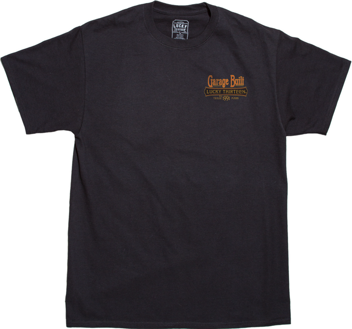 front of Black Lucky 13 t-shirt with a full back print of the "Rust Never Sleeps" rat rod design and a front left chest "Garage Built - Lucky Thirteen" pocket logo to match.