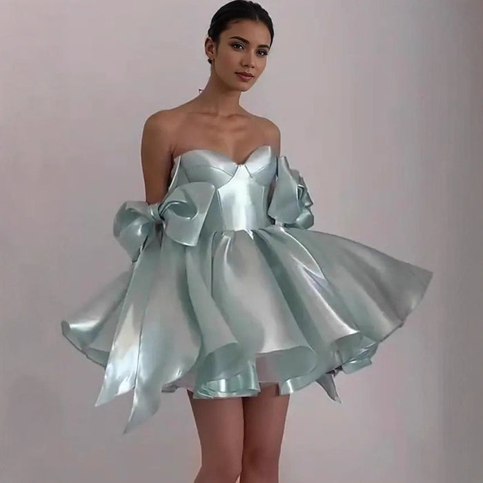 Satin Mini Dress | Off-Shoulder Sweetheart Neckline Party Dress with Attached Cape