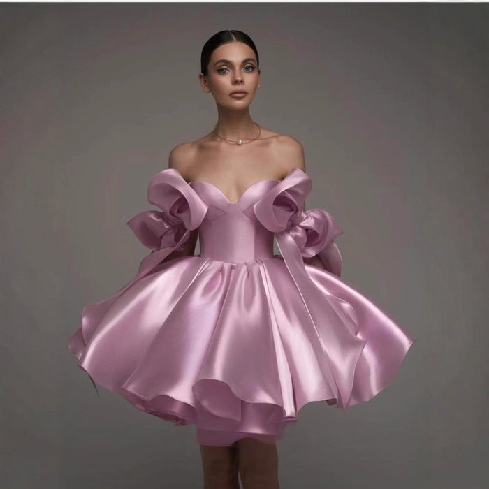 Satin Off-Shoulder Corset Dress with 3D Bows – Elegant Party & Homecoming Short Gown