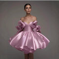Satin Off-Shoulder Corset Dress with 3D Bows – Elegant Party & Homecoming Short Gown